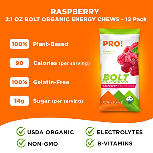 PROBAR - Bolt Organic Energy Chews, Raspberry, Non-GMO, Gluten-Free, USDA Certified Organic, Healthy, Natural Energy, Fast Fuel Gummies with Vitamins B and C (12 Count