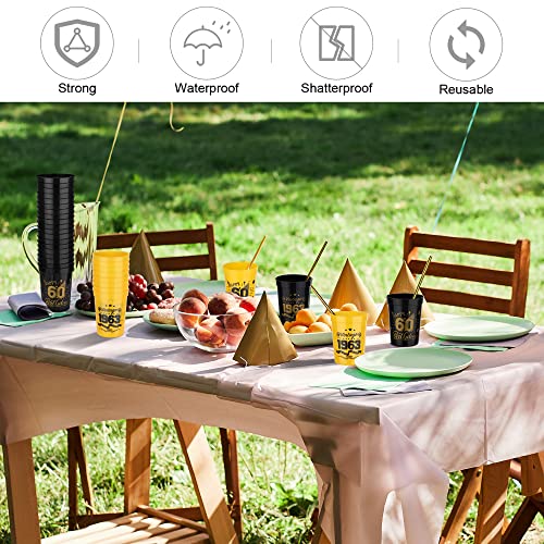 Shojoy 40 Pack Happy 60 Birthday Party Cups Black and Gold Birthday Stadium Cups 8 Ounces Reusable Plastic Tumblers for Birthday Anniversary Party Supplies Decors