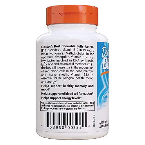 Doctor's Best Chewable Fully Active B12 Chocolate Mint Flavor, Memory, Mood, Circulation and Well-Being, 1,000mcg, 60 Tablets