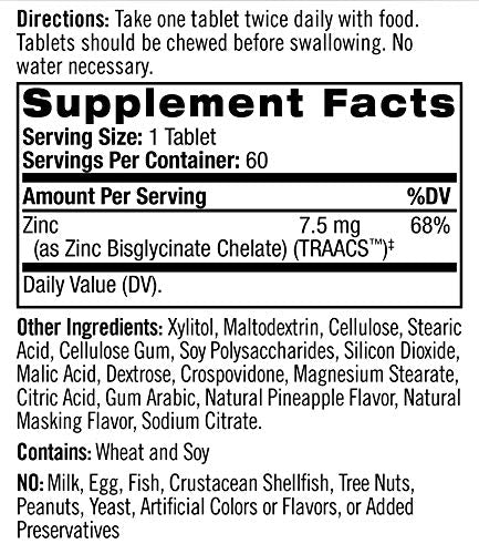Natrol High Absorption Zinc, Supports Immune Health and Cellular Metabolism with AbsorbSmart™ Technology, Pineapple Flavor, Chewable Tablets, 60 Count