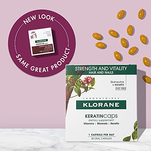 Klorane KERATINcaps Dietary Supplements with Biotin, Quinine, B Vitamins for Thicker, Stronger Hair and Nails, Caffeine-Free, Dye Free, 30 Day Supply