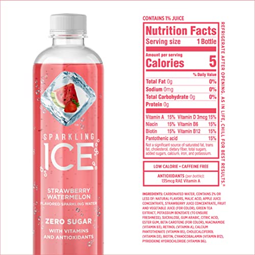 Sparkling Ice, Strawberry Watermelon Sparkling Water, Zero Sugar Flavored Water, with Vitamins and Antioxidants, Low Calorie Beverage, 17 fl oz Bottles (Pack of 12)