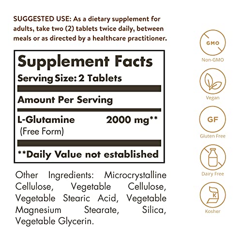 Solgar L-Glutamine 1000 mg, 60 Tablets - Natural Muscle Food - Promotes Gastrointestinal (GI) Health - Supports Brain Health - Non-GMO, Vegan, Gluten Free, Dairy Free, Kosher - 30 Servings