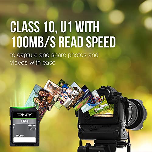PNY 64GB Elite Class 10 U1 V10 SDXC Flash Memory Card - 100MB/s, Class 10, U1, V10, Full HD, UHS-I, Full Size SD