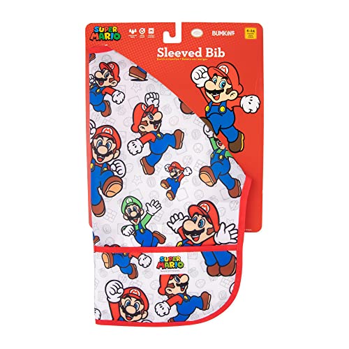 Bumkins Sleeved Baby, Toddler Bib, Smock, Waterproof Fabric, Nintendo Super Mario and Luigis, Fits Ages 6-24 months