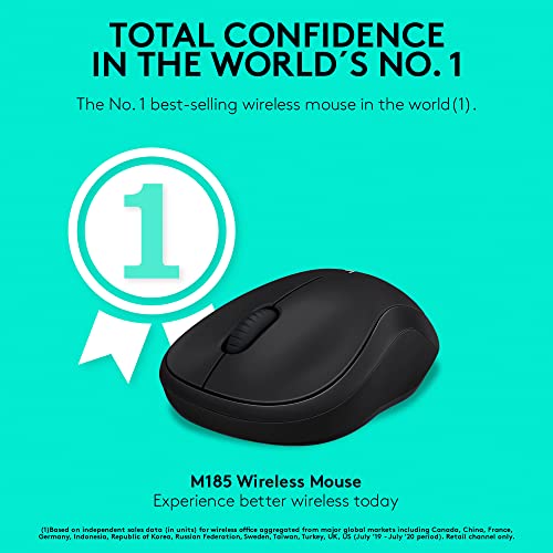 Logitech M185 Wireless Mouse, 2.4GHz with USB Mini Receiver, 12-Month Battery Life, 1000 DPI Optical Tracking, Ambidextrous, Compatible with PC, Mac, Laptop - Black
