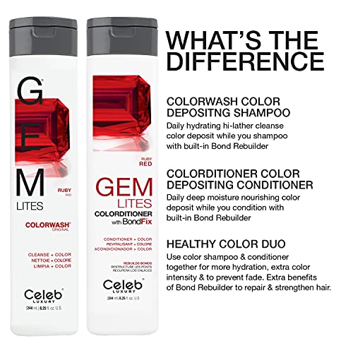 Celeb Luxury Gem Lites Colorwash, Professional Semi-Permanent Hair Color Depositing Shampoo, Ruby