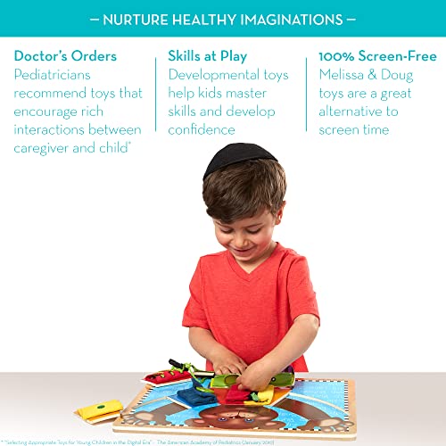 Melissa and Doug Basic Skills Puzzle Board - Wooden Educational Toy - Learn To Button Busy Board, Activity Board For Fine Motor Skills, Developmental Toy For Toddlers Ages 3+