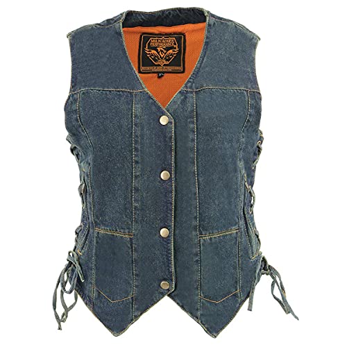 Milwaukee Leather MDL4020 Women's Classic Blue ‘6 Pocket’ Side Lace Denim Vest - 2X-Large