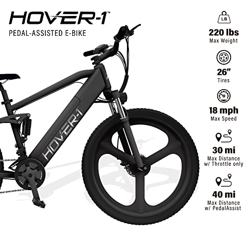 Hover-1 Instinct Electric Bike with 350W Motor, 15 mph Max Speed, 26” Tires, and 40 Miles of Range E-Bike, Black