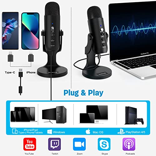 ZealSound USB Microphone,Condenser Computer PC Mic,PlugandPlay Gaming Microphones for PS 4and5.Headphone OutputandVolume Control,Mic Gain Control,Mute Button for Vocal,YouTube Podcast on MacandWindows(Black)