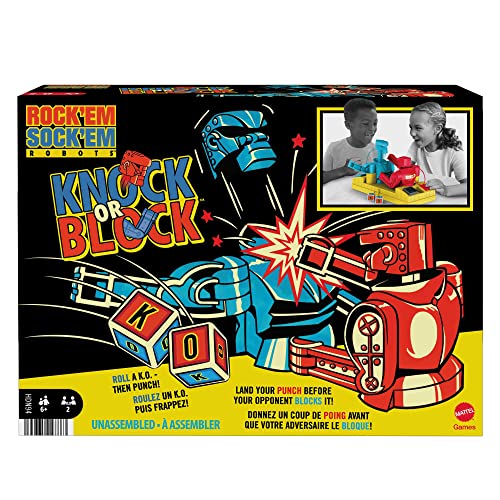 Mattel Games Rock 'Em Sock 'Em Robots Kids Game Knock or Block Fighting Robots, Roll Die and Think Fast with Red Rocket and Blue Bomber