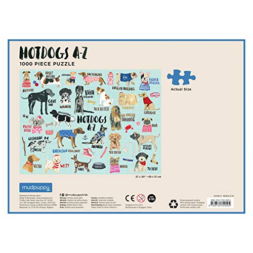 Mudpuppy Hot Dogs A-Z Puzzle, 1000 Piece Dog Jigsaw Puzzle, 27”x20”, Perfect for Ages 8-99+, Family Puzzle to Celebrate Dogs, Illustrations of 26 Dog Breeds, Great Gift for Dog Lovers