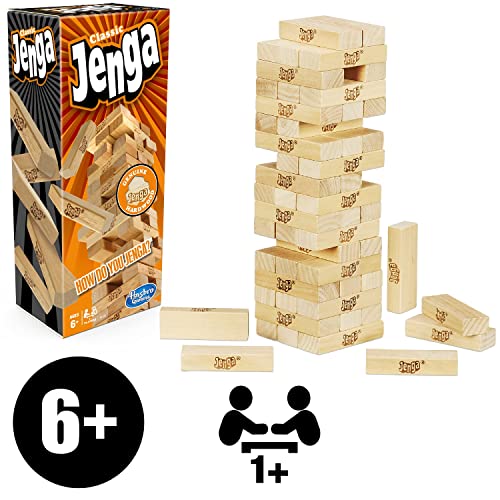 Jenga Classic Game with Genuine Hardwood Blocks, Stacking Tower Game for 1 or More Players, Kids Ages 6 and Up