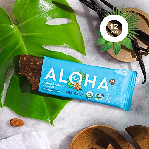 ALOHA Organic Plant Based Protein Bars - Vanilla Almond Crunch - 12 Count, 1.9oz Bars - Vegan, Low Sugar, Gluten-Free, Paleo, Low Carb, Non-GMO, Stevia-Free, Soy-Free, Sugar Alcohol Free