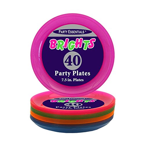 Party Essentials Hard Plastic 7.5-Inch Round Party/Salad Plates, Assorted Neon, 40 Count