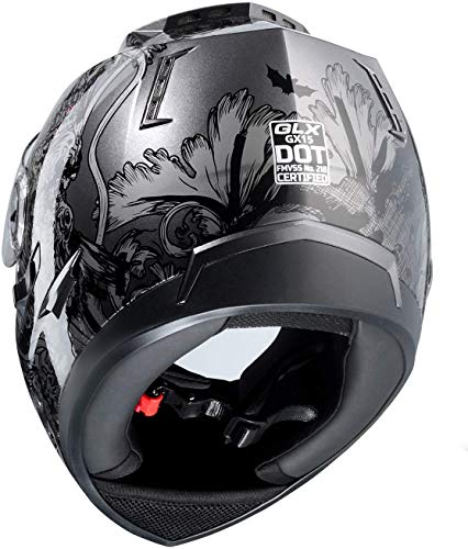 GLX GX15 Lightweight Full Face Motorcycle Street Bike Helmet with Internal Sun Visor DOT Approved (Silver Skull, Large)