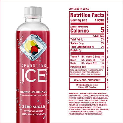 Sparkling Ice, Berry Lemonade Sparkling Water, Zero Sugar Flavored Water, with Vitamins and Antioxidants, Low Calorie Beverage, 17 fl oz Bottles (Pack of 12)
