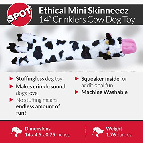 SPOT Skinneeez Crinklers | Stuffless Dog Toys with Squeaker For Small Dogs | Crinkle Toy For Small Puppies | 14' | Cow Design | By Ethical Pet
