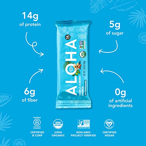 ALOHA Organic Plant Based Protein Bars - Vanilla Almond Crunch - 12 Count, 1.9oz Bars - Vegan, Low Sugar, Gluten-Free, Paleo, Low Carb, Non-GMO, Stevia-Free, Soy-Free, Sugar Alcohol Free