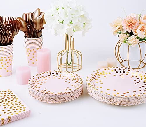 Pink and Gold Party Supplies - 350 PCS Disposable Dinnerware Set - Pink Paper Plates Napkins Cups, Gold Plastic Forks Knives Spoon for Graduation, Birthday, Cocktail Party