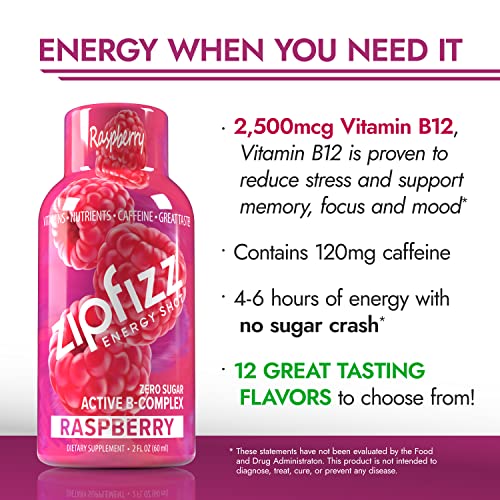 Zipfizz 2oz Energy Shot - Raspberry Flavor | Hydrating Electrolyte Drinks w/Liquid B12, Caffeine, Ginseng, and Vitamins | Low Carb, Gluten Free, Sugar Free Energy Drink (6 Pack)