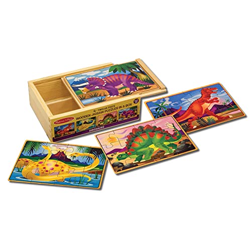 Melissa and Doug Dinosaurs 4-in-1 Wooden Jigsaw Puzzles in a Storage Box (48 pcs) - Kids Puzzle, Dinosaur Puzzles for Kids Ages 3+ - FSC-Certified Materials