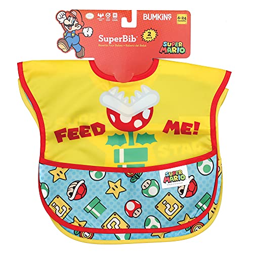 Bumkins Nintendo Super Mario SuperBib, Baby Bib, Waterproof, Washable, Stain and Odor Resistant, 6-24 Months (Pack of 2)