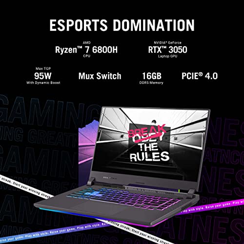 ASUS ROG Strix G15 (2022) Gaming Laptop, 15.6' 300Hz IPS FHD Display, NVIDIA GeForce RTX 3050, AMD Ryzen 7 6800H, 16GB DDR5, 1TB SSD, RGB Keyboard, Windows 11 Home, G513RC-IS74,Gray