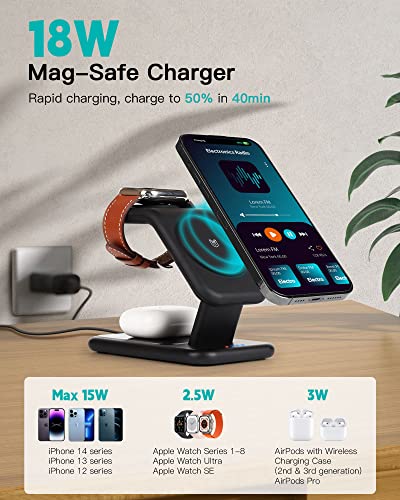 3-in-1 MagSafe Charger Stand, 18W Fast Magnetic Charger for iPhone 14, 13 and 12 Series - Apple Watch and AirPods, Wireless Charging Station for Multiple Devices with Adapter and LED