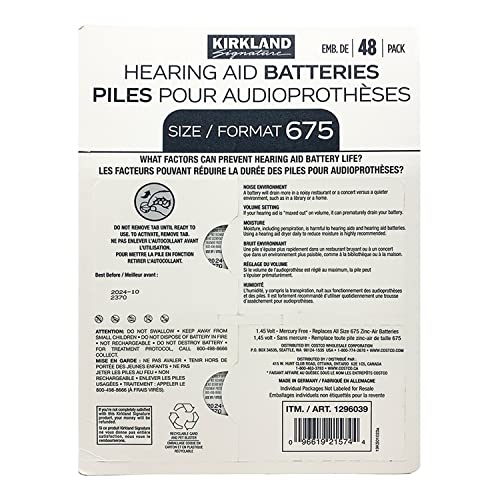 Kirkland Signature Premium Quality Hearing Aid Batteries 48 pack 1.45 Volt Mercury Free Various Sizes (Size 675)