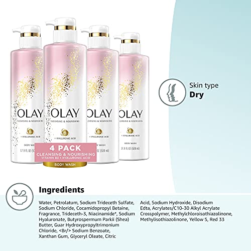 Olay Body Wash Women Cleansing and Nourishing with Hyaluronic Acid and Vitamin B3, 20 fl oz (Pack of 4)