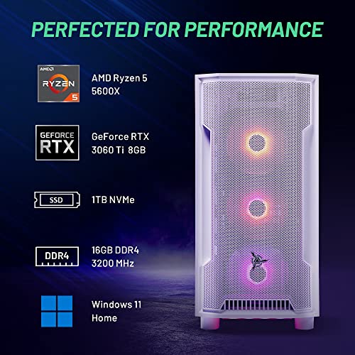 Skytech Archangel Gaming PC Desktop – AMD Ryzen 5 5600X 3.7 GHz, NVIDIA RTX 3060 Ti, 1TB NVME SSD, 16GB DDR4 RAM 3200, 600W Gold PSU, 11AC Wi-Fi, Windows 11 Home 64-bit