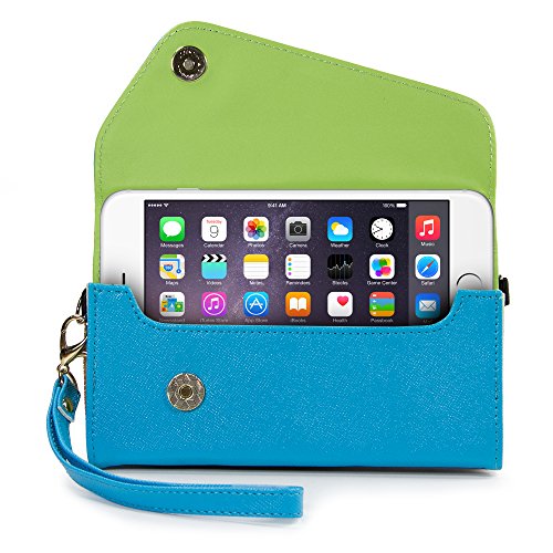 Kroo Clutch Wallet with Wristlet and Crossbody Strap for Smartphones or Phablets up to 5.7 Inch - Carrying Case - Frustration-Free Packaging - Light Blue and Brown