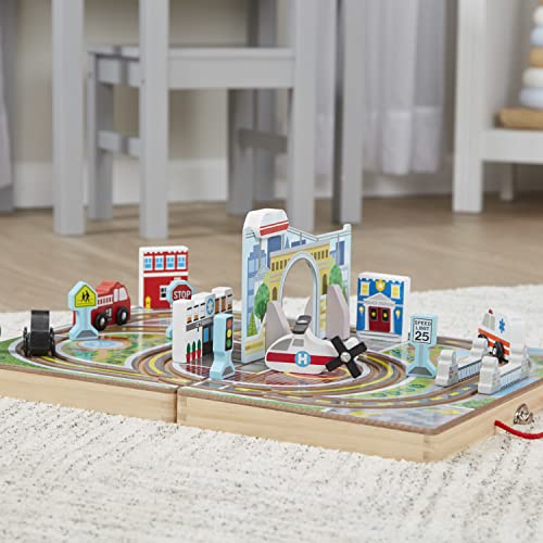 Melissa and Doug 18-Piece Wooden Take-Along Tabletop Town, 4 Rescue Vehicles, Play Pieces, Bridge