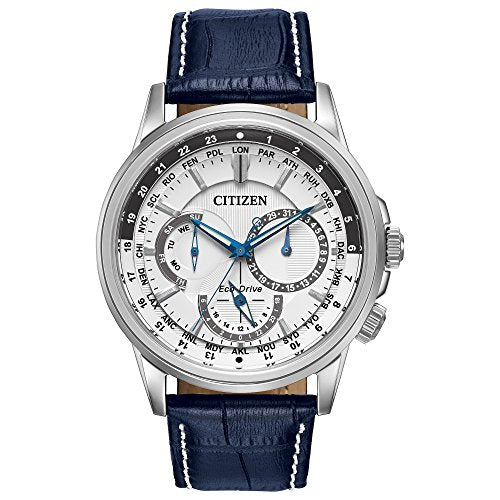 Citizen Men's Classic Calendrier Eco-Drive Watch, 12/24 Hour Time, 3-Hand Day and Date, Anti-Reflective Mineral Crystal, Luminous Hands, Blue Leather Strap/ White Dial