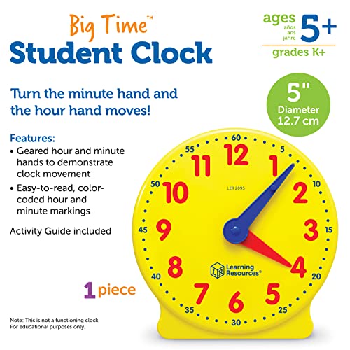 Learning Resources Big Time Student Clock, Teaching and Demonstration Clock, Develops Time and Early Math Skills, Clock for Learning, 12 Hour, Ages 5+