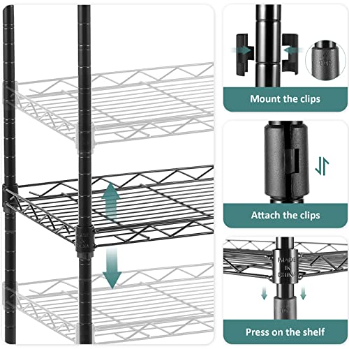 Homdox 6-Tier Storage Shelf Wire Shelving Unit Free Standing Rack Organization Adjustable Leveling Feet, Stainless Side Hooks, Black