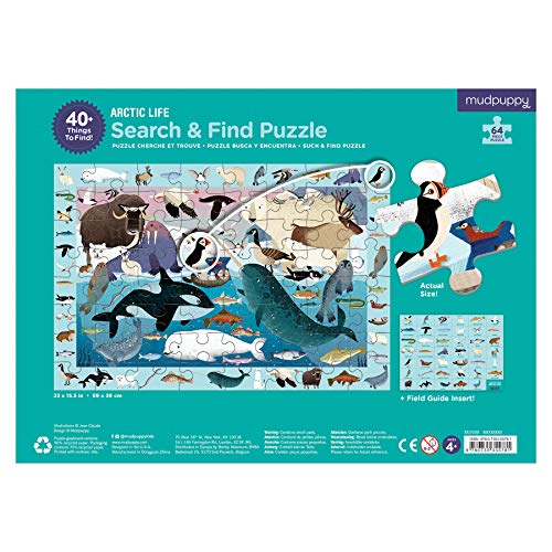 Mudpuppy Arctic Life Search and Find Puzzle, 64 Pieces, 23”x15.5” – For Kids Age 4-7 - Colorful Illustrations of Animals, Fish, Birds Living in the Arctic – Complete Puzzle to Find 40+ Hidden Images