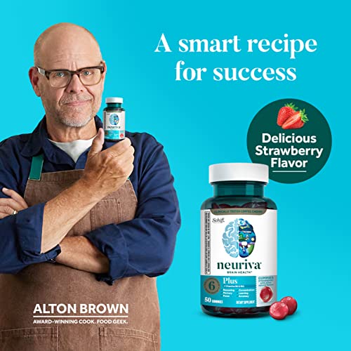 NEURIVA Plus Brain Supplement for Memory,Focus and Concentration+Cognitive Function with Vitamins B6 and B12 and Clinically Tested Nootropics Phosphatidylserine and Neurofactor,50ct Strawberry Gummies