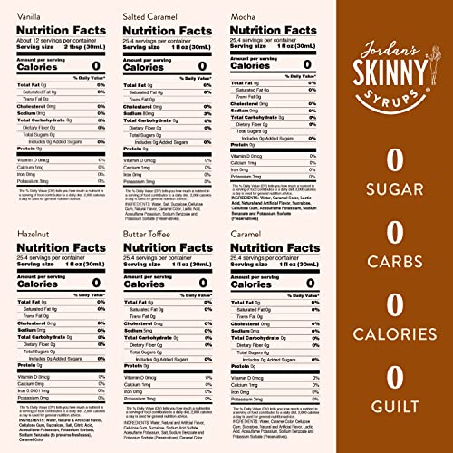 Jordan's Skinny Syrups, Classic Syrup Sampler, Vanilla, Caramel, Mocha, Hazelnut, Salted Caramel, Butter Toffee 25.4 Fl Oz (Pack of 6)