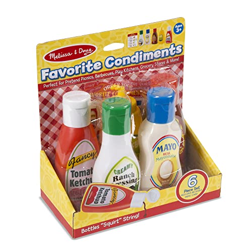 Melissa and Doug 5-Piece Favorite Condiments Play Food Set - Play Ketchup and Mustard Bottles, Pretend Play Food Set For Kids Ages 3+