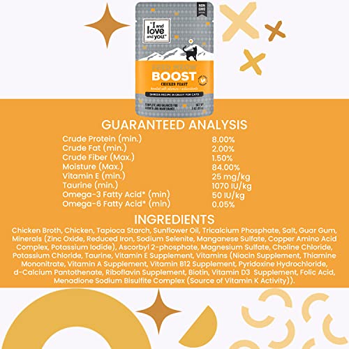 'I and love and you' Feed Meow Wet Cat Food Toppers, Boost Formula with Chicken, Vitamins and Antioxidants, Grain Free, No Fillers, 3oz, Pack of 12