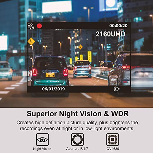 REXING V1 - 4K Ultra HD Car Dash Cam 2.4' LCD Screen, Wi-Fi, 170° Wide Angle Dashboard Camera Recorder with G-Sensor, WDR, Loop Recording, Supercapacitor, Mobile App, 256GB Supported