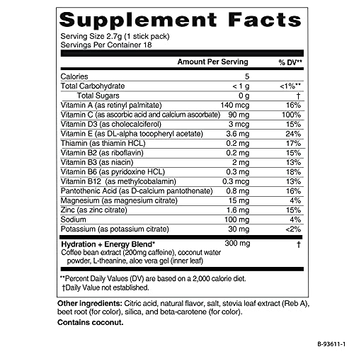 Nature Fuel Hydration + Energy - with Vitamins A, C, D3, and Zinc to Support Immunity - Fruit Punch Flavor - 18 Stick Packs - Pantry Friendly