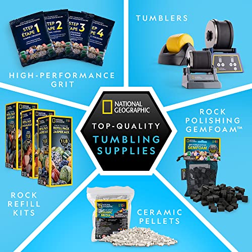 NATIONAL GEOGRAPHIC Rock Tumbler Refill Kit - Jasper Rocks for Tumbling - 8 Varieties including Mookaite and Kabamba - Rock Tumbler Supplies include Rock Tumbler Grit and Jewelry Accessories