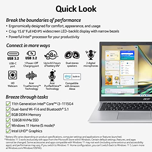 Acer Aspire 5 A515-56-347N Slim Laptop - 15.6' Full HD IPS Display - 11th Gen Intel i3-1115G4 Dual Core Processor - 8GB DDR4 - 128GB NVMe SSD - WiFi 6 - Amazon Alexa - Windows 11 Home in S Mode