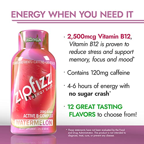 Zipfizz 2oz Energy Shot - Watermelon Flavor | Hydrating Electrolyte Drinks w/Liquid B12, Caffeine, Ginseng, and Vitamins | Low Carb, Gluten Free, Sugar Free Energy Drink (6 Pack)