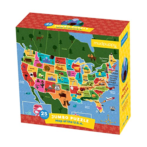 Mudpuppy Map of the U.S.A. Jumbo Puzzle, 25 Large Pieces, 22x22” – Great for Kids Age 2+ - Colorful Illustrations of the U.S. States – Packaged in Convenient Drawstring Box, Multicolor, 1 EA
