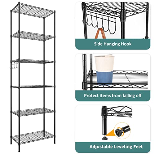 Homdox 6-Tier Storage Shelf Wire Shelving Unit Free Standing Rack Organization Adjustable Leveling Feet, Stainless Side Hooks, Black